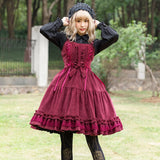 Robe Lolita Classic JSK à bretelles velours rouge Lolita Harajuku
