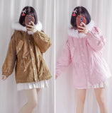 Manteau hiver avec capuche style Japonais Kawaii rose et marron