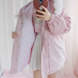 Manteau hiver rose kawaii avec capuche et fourrure